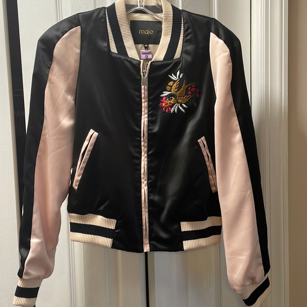 Maje Basla black/pale pink satin bomber jacket with bird motif. Sz 38